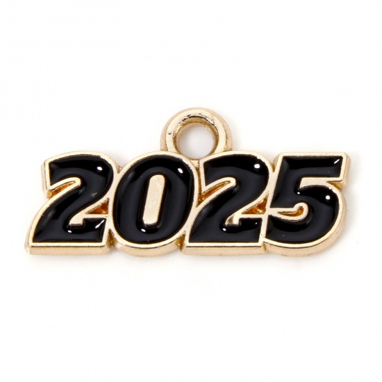 Immagine di 50 Pz Lega di Zinco Anno Ciondoli Oro Placcato Nero Lettere " 2025 " Smalto 18mm x 9mm