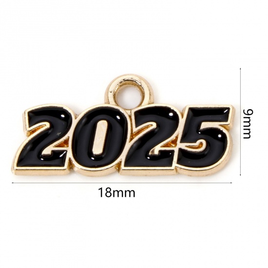 Immagine di 50 Pz Lega di Zinco Anno Ciondoli Oro Placcato Nero Lettere " 2025 " Smalto 18mm x 9mm