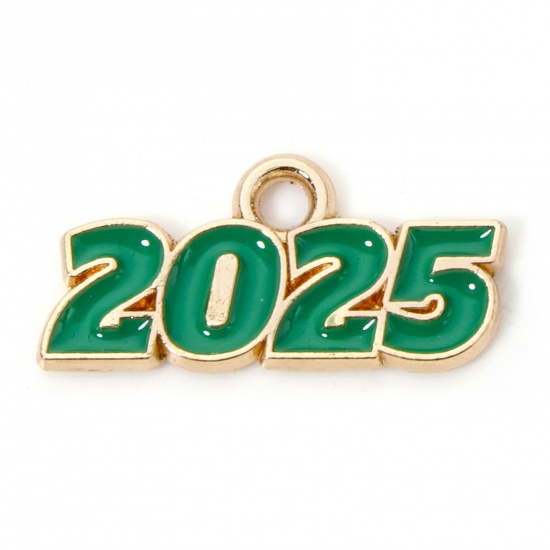 Immagine di 50 Pz Lega di Zinco Anno Ciondoli Oro Placcato Verde Lettere " 2025 " Smalto 18mm x 9mm