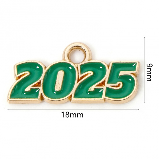 Immagine di 50 Pz Lega di Zinco Anno Ciondoli Oro Placcato Verde Lettere " 2025 " Smalto 18mm x 9mm