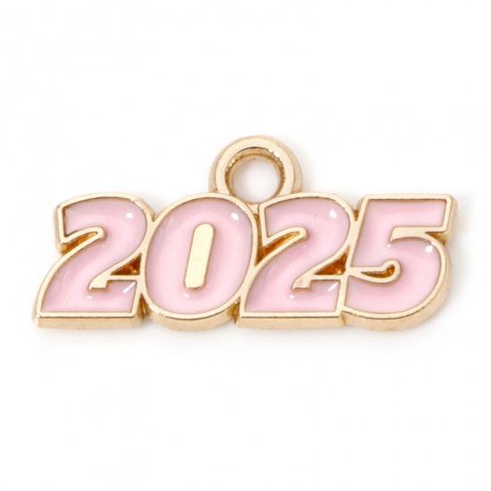 Immagine di 50 Pz Lega di Zinco Anno Ciondoli Oro Placcato Rosa Lettere " 2025 " Smalto 18mm x 9mm