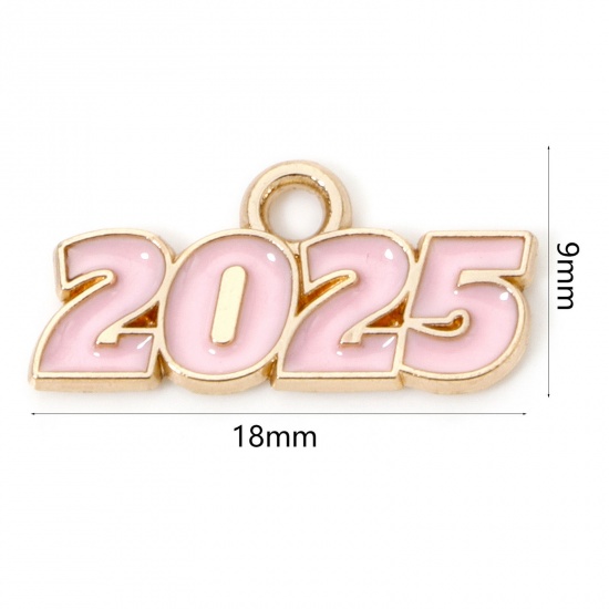 Immagine di 50 Pz Lega di Zinco Anno Ciondoli Oro Placcato Rosa Lettere " 2025 " Smalto 18mm x 9mm