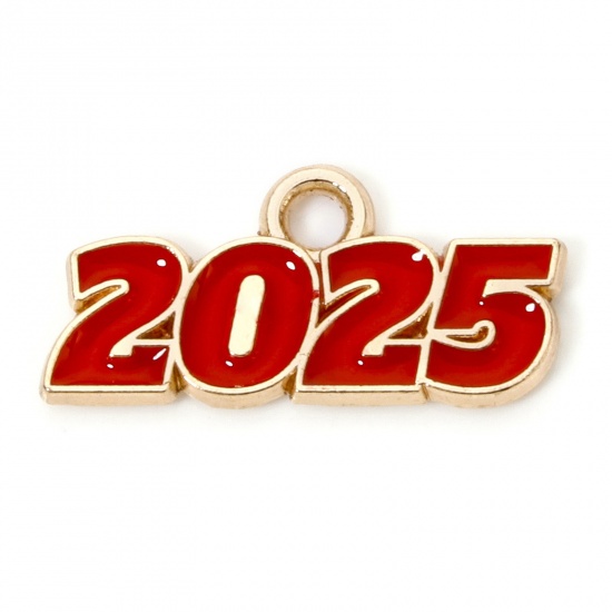 Immagine di 50 Pz Lega di Zinco Anno Ciondoli Oro Placcato Rosso Lettere " 2025 " Smalto 18mm x 9mm