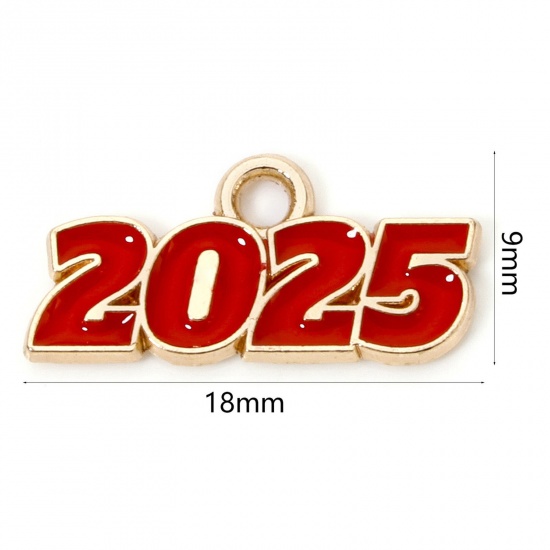 Immagine di 50 Pz Lega di Zinco Anno Ciondoli Oro Placcato Rosso Lettere " 2025 " Smalto 18mm x 9mm