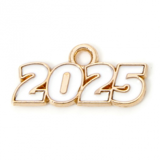 Immagine di 50 Pz Lega di Zinco Anno Ciondoli Oro Placcato Bianco Lettere " 2025 " Smalto 18mm x 9mm