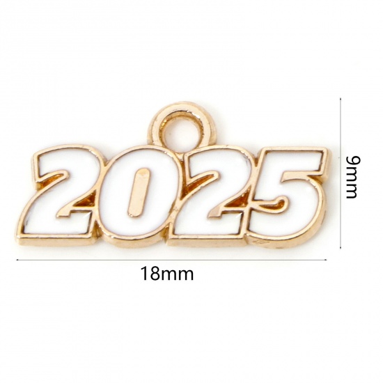 Immagine di 50 Pz Lega di Zinco Anno Ciondoli Oro Placcato Bianco Lettere " 2025 " Smalto 18mm x 9mm