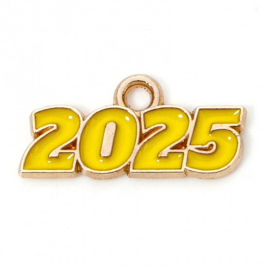 Immagine di 50 Pz Lega di Zinco Anno Ciondoli Oro Placcato Giallo Lettere " 2025 " Smalto 18mm x 9mm