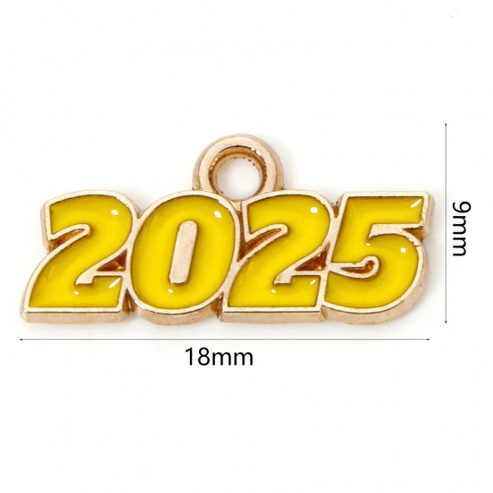 Immagine di 50 Pz Lega di Zinco Anno Ciondoli Oro Placcato Giallo Lettere " 2025 " Smalto 18mm x 9mm