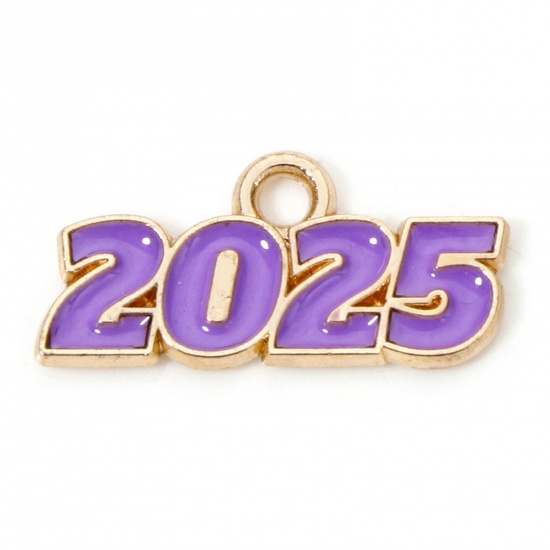 Immagine di 50 Pz Lega di Zinco Anno Ciondoli Oro Placcato Colore Viola Lettere " 2025 " Smalto 18mm x 9mm