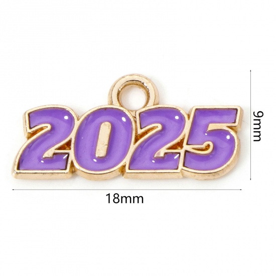 Immagine di 50 Pz Lega di Zinco Anno Ciondoli Oro Placcato Colore Viola Lettere " 2025 " Smalto 18mm x 9mm