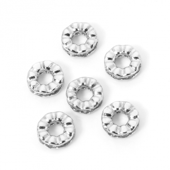 Picture of 5 PCs Brass Spacer Beads For DIY Bracelet Jewelry Making Findings Platinum Plated Flat Round Texture About 6.5mm Dia., Hole: Approx 2.5mm