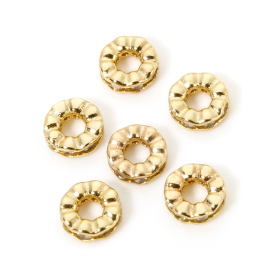 Picture of 5 PCs Brass Spacer Beads For DIY Bracelet Jewelry Making Findings 18K Gold Plated Flat Round Texture About 6.5mm Dia., Hole: Approx 2.5mm