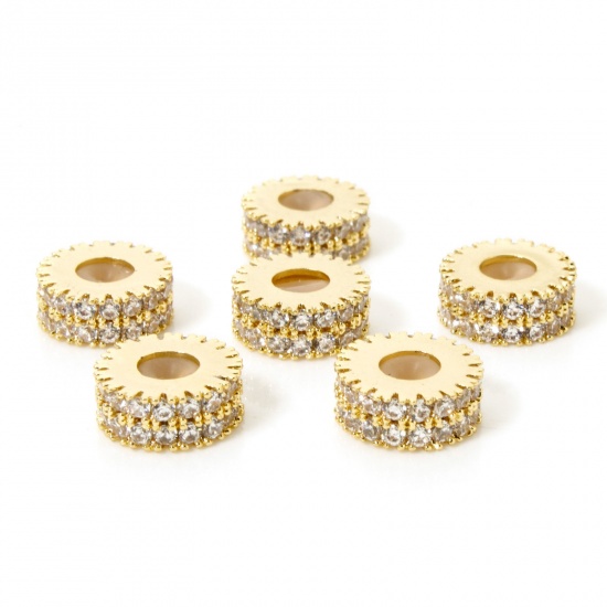 Picture of 1 Piece Brass Spacer Beads For DIY Bracelet Jewelry Making Findings 18K Gold Plated Flat Round Gear Clear Cubic Zirconia About 9.5mm Dia., Hole: Approx 1.4mm