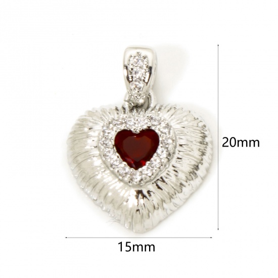 Imagen de 2 Unidades Latón día de San Valentín Colgantes Charms Platino Real Chapado Corazón Textura Micro Pave Rojo Rhinestone Claro Circón Artificial 20mm x 15mm