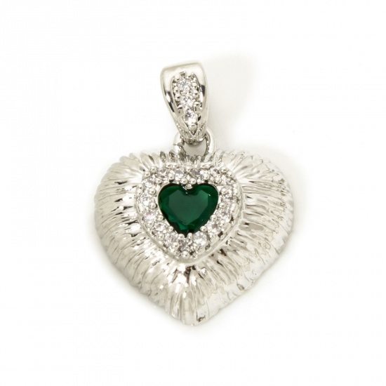 Imagen de 2 Unidades Latón día de San Valentín Colgantes Charms Platino Real Chapado Corazón Textura Micro Pave Verde Rhinestone Claro Circón Artificial 20mm x 15mm