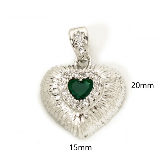 Imagen de 2 Unidades Latón día de San Valentín Colgantes Charms Platino Real Chapado Corazón Textura Micro Pave Verde Rhinestone Claro Circón Artificial 20mm x 15mm
