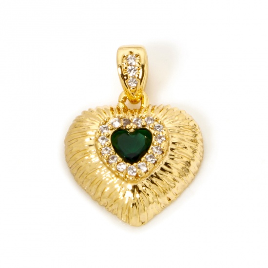 Imagen de 2 Unidades Latón día de San Valentín Colgantes Charms 18K Oro Real Chapado Corazón Textura Micro Pave Verde Rhinestone Claro Circón Artificial 20mm x 15mm