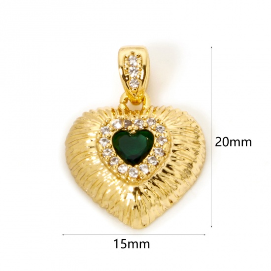 Imagen de 2 Unidades Latón día de San Valentín Colgantes Charms 18K Oro Real Chapado Corazón Textura Micro Pave Verde Rhinestone Claro Circón Artificial 20mm x 15mm