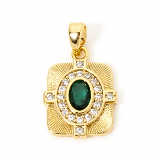 Picture of 2 PCs Brass Retro Charm Pendant 18K Gold Plated Rectangle Texture Micro Pave Clear Cubic Zirconia Green Rhinestone 22mm x 13mm