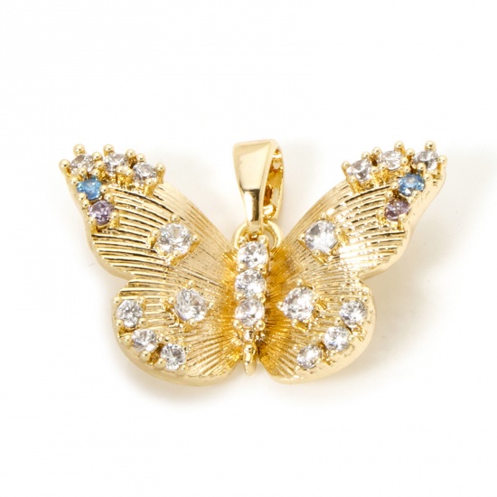 Picture of 2 PCs Brass Insect Charm Pendant 18K Real Gold Plated Butterfly Animal Texture Micro Pave Multicolour Cubic Zirconia 22.5mm x 16mm