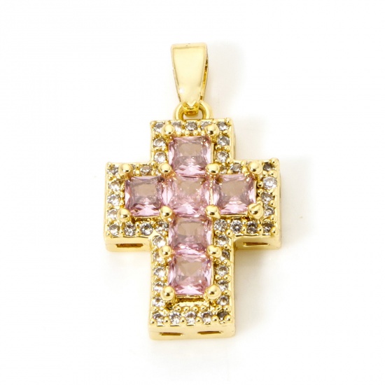 Imagen de 1 Unidad Latón Religión Colgantes Charms 18K Oro Real Chapado Cruz Micro Pave Rosa Rhinestone Claro Circón Artificial 23mm x 13mm