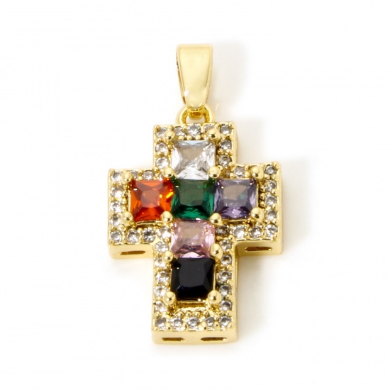 Imagen de 1 Unidad Latón Religión Colgantes Charms 18K Oro Real Chapado Cruz Micro Pave Multicolor Rhinestone Claro Circón Artificial 23mm x 13mm