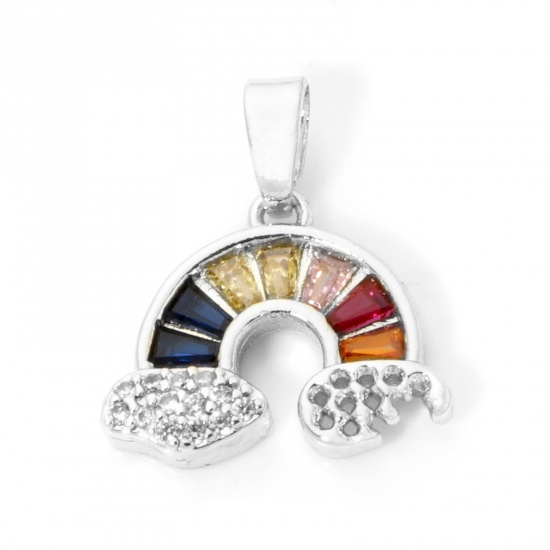 Picture of 1 Piece Brass Weather Collection Charm Pendant Real Platinum Plated Rainbow Micro Pave Multicolor Rhinestone Clear Cubic Zirconia 17mm x 15mm