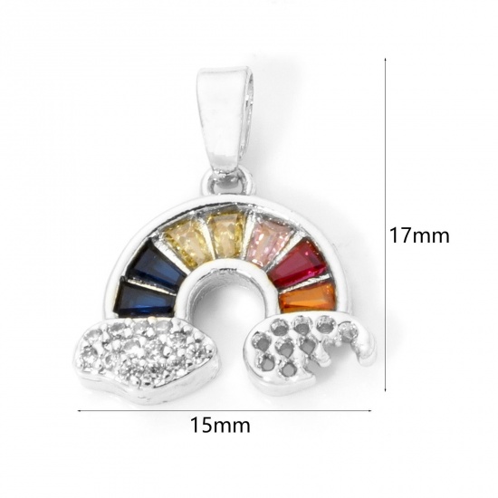 Picture of 1 Piece Brass Weather Collection Charm Pendant Real Platinum Plated Rainbow Micro Pave Multicolor Rhinestone Clear Cubic Zirconia 17mm x 15mm