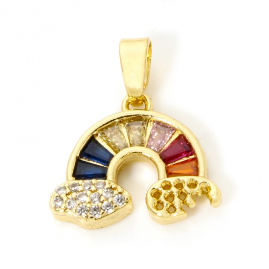 Picture of 1 Piece Brass Weather Collection Charm Pendant 18K Real Gold Plated Rainbow Micro Pave Multicolor Rhinestone Clear Cubic Zirconia 17mm x 15mm