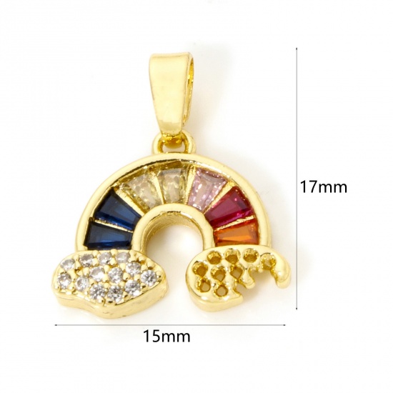 Picture of 1 Piece Brass Weather Collection Charm Pendant 18K Real Gold Plated Rainbow Micro Pave Multicolor Rhinestone Clear Cubic Zirconia 17mm x 15mm