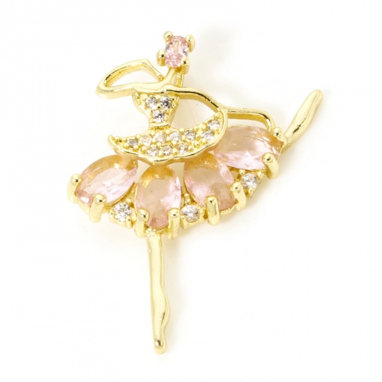 Imagen de 1 Unidad Respetuoso del Medio Ambiente Latón Micro Pave Colgantes Bailarina 18K Oro Real Chapado Claro Circón Artificial Rosa Claro Rhinestone 29mm x 23mm