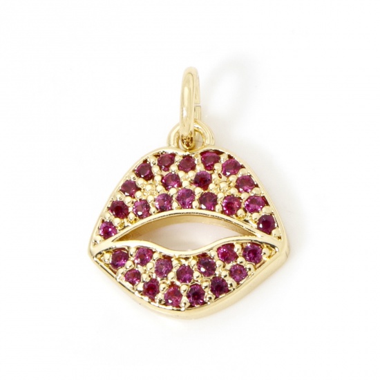 Picture of 1 Piece Eco-friendly Brass Micro Pave Charms 18K Real Gold Plated Lip Fuchsia Cubic Zirconia 16mm x 12mm