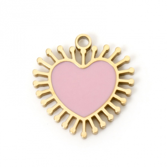 Bild von 2 Stück Umweltfreundliche PVD-Vakuumbeschichtung 304 Edelstahl Valentinstag Charms Herz 18K Echtgold plattiert Rosa Emaille 15mm x 14mm