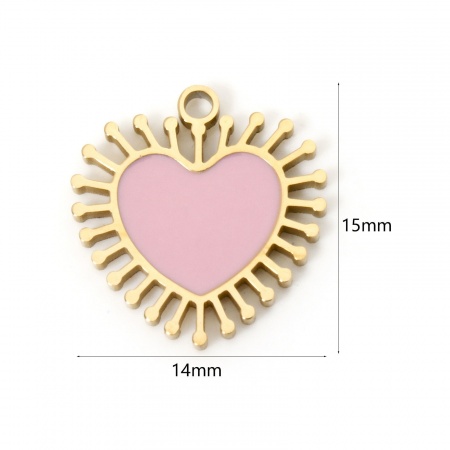 Picture of 2 PCs Eco-friendly PVD Vacuum Plating Waterproof Anti-Tarnish Hypoallergenic 304 Stainless Steel Valentine's Day Charms 18K Real Gold Plated Pink Heart Enamel 15mm x 14mm