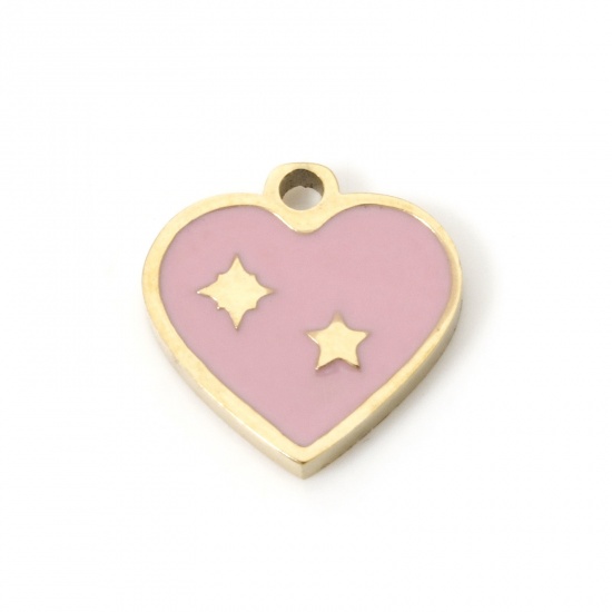 Bild von 2 Stück Umweltfreundliche PVD-Vakuumbeschichtung 304 Edelstahl Valentinstag Charms Herz 18K Echtgold plattiert Rosa Emaille 10mm x 10mm