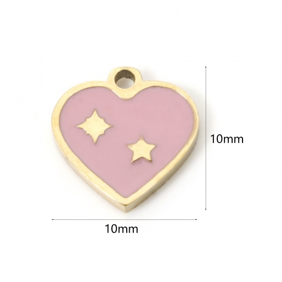 Bild von 2 Stück Umweltfreundliche PVD-Vakuumbeschichtung 304 Edelstahl Valentinstag Charms Herz 18K Echtgold plattiert Rosa Emaille 10mm x 10mm