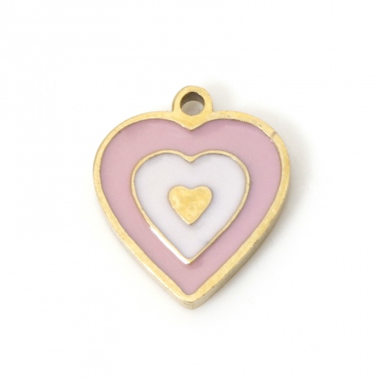 Bild von 2 Stück Umweltfreundliche PVD-Vakuumbeschichtung 304 Edelstahl Valentinstag Charms Herz 18K Echtgold plattiert Rosa Emaille 10mm x 9mm