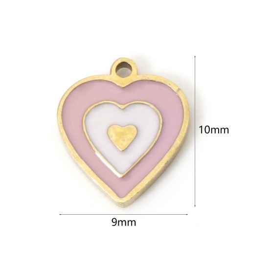 Bild von 2 Stück Umweltfreundliche PVD-Vakuumbeschichtung 304 Edelstahl Valentinstag Charms Herz 18K Echtgold plattiert Rosa Emaille 10mm x 9mm