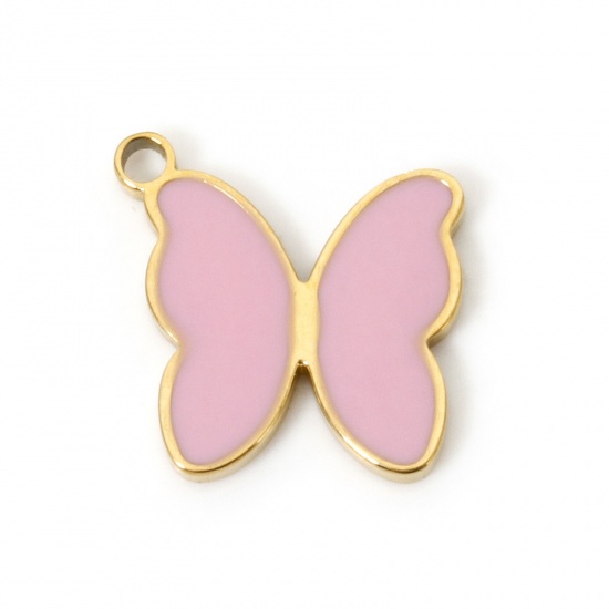Bild von 2 Stück Umweltfreundliche PVD-Vakuumbeschichtung 304 Edelstahl Insekt Charms Schmetterling 18K Echtgold plattiert Rosa Emaille 12mm x 12mm