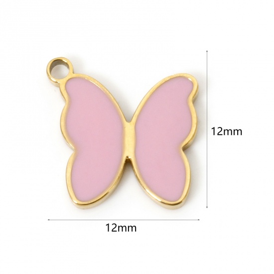 Bild von 2 Stück Umweltfreundliche PVD-Vakuumbeschichtung 304 Edelstahl Insekt Charms Schmetterling 18K Echtgold plattiert Rosa Emaille 12mm x 12mm