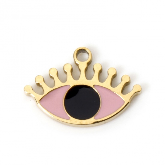 Bild von 2 Stück Umweltfreundliche PVD-Vakuumbeschichtung 304 Edelstahl Charms Auge 18K Echtgold plattiert Rosa Emaille 13mm x 9mm