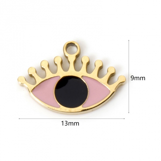 Bild von 2 Stück Umweltfreundliche PVD-Vakuumbeschichtung 304 Edelstahl Charms Auge 18K Echtgold plattiert Rosa Emaille 13mm x 9mm