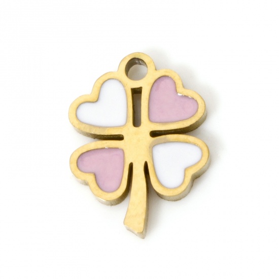 Bild von 2 Stück Umweltfreundliche PVD-Vakuumbeschichtung 304 Edelstahl Flora Kollektion Charms Klee 18K Echtgold plattiert Rosa Emaille 11mm x 8mm