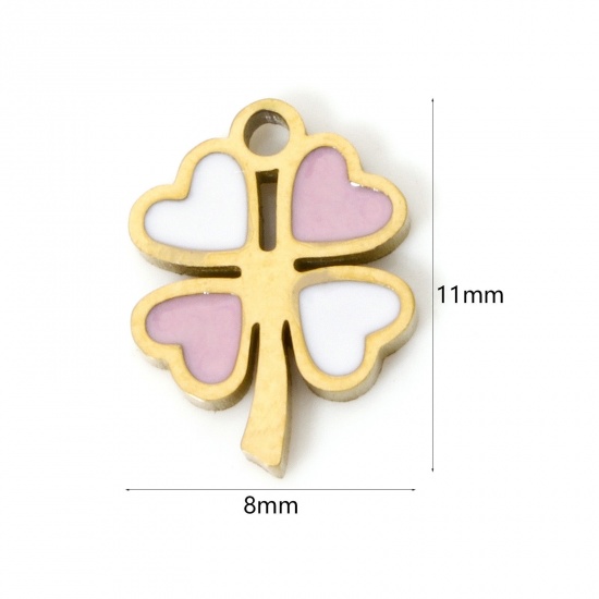 Bild von 2 Stück Umweltfreundliche PVD-Vakuumbeschichtung 304 Edelstahl Flora Kollektion Charms Klee 18K Echtgold plattiert Rosa Emaille 11mm x 8mm