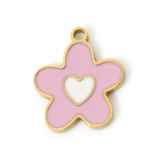 Bild von 2 Stück Umweltfreundliche PVD-Vakuumbeschichtung 304 Edelstahl Flora Kollektion Charms Blumen 18K Echtgold plattiert Rosa Emaille 12mm x 10mm