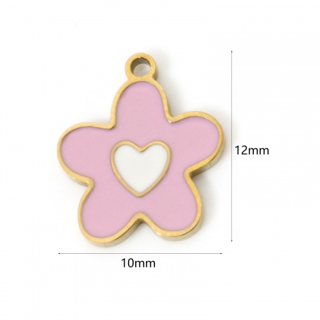 Picture of 2 PCs Eco-friendly PVD Vacuum Plating Waterproof Anti-Tarnish Hypoallergenic 304 Stainless Steel Flora Collection Charms 18K Real Gold Plated Pink Flower Enamel 12mm x 10mm