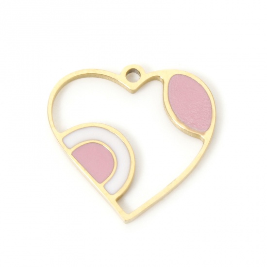 Bild von 2 Stück Umweltfreundliche PVD-Vakuumbeschichtung 304 Edelstahl Valentinstag Charms Herz 18K Echtgold plattiert Rosa Emaille 16mm x 15mm