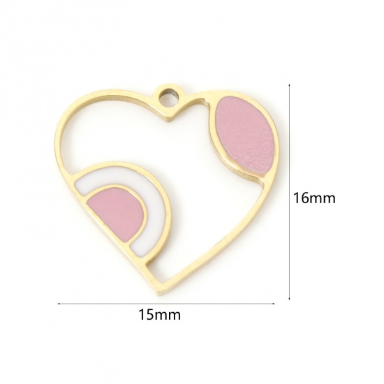 Bild von 2 Stück Umweltfreundliche PVD-Vakuumbeschichtung 304 Edelstahl Valentinstag Charms Herz 18K Echtgold plattiert Rosa Emaille 16mm x 15mm