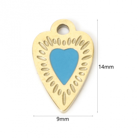 Picture of 2 PCs Eco-friendly PVD Vacuum Plating 304 Stainless Steel Valentine's Day Charms 18K Real Gold Plated Blue Heart Enamel 14mm x 9mm