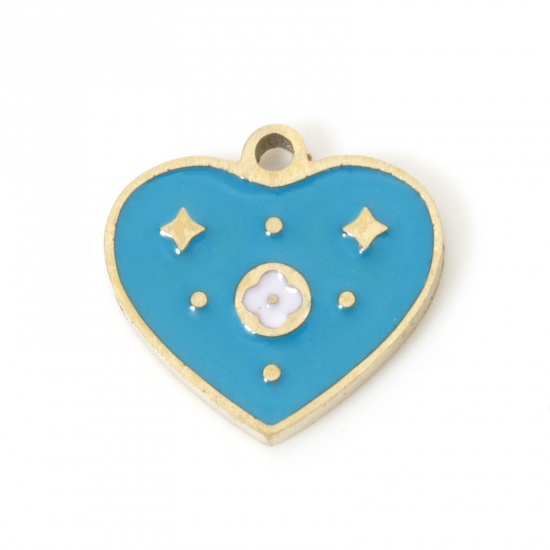 Picture of 2 PCs Eco-friendly PVD Vacuum Plating 304 Stainless Steel Valentine's Day Charms 18K Real Gold Plated Blue Heart Enamel 10mm x 10mm